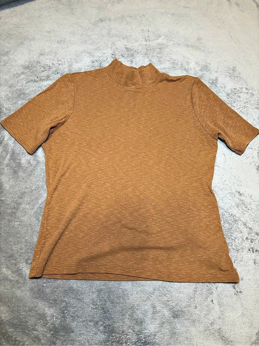 Joie Mock Neck Short Sleeve Top Camel Ribbed Modal Pima Cotton Size L